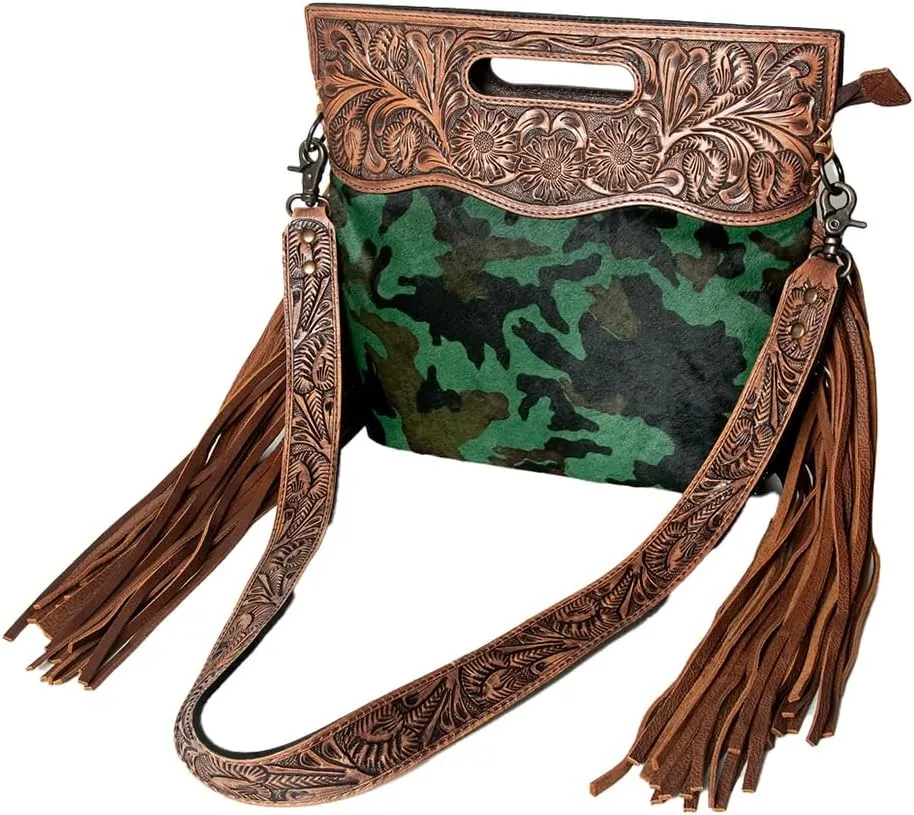 American Darling ADBGS146A Clutch Hand Tooled Hair On Genuine Leather Women Bag Western Handbag Purse