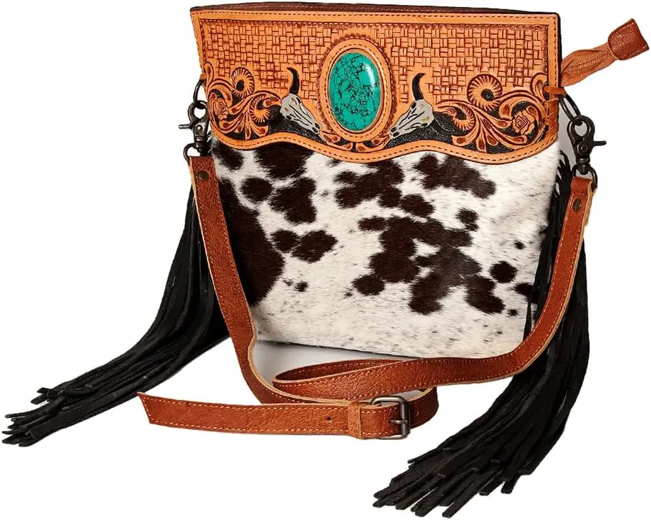 American Darling ADBGS146A Clutch Hand Tooled Hair On Genuine Leather Women Bag Western Handbag Purse