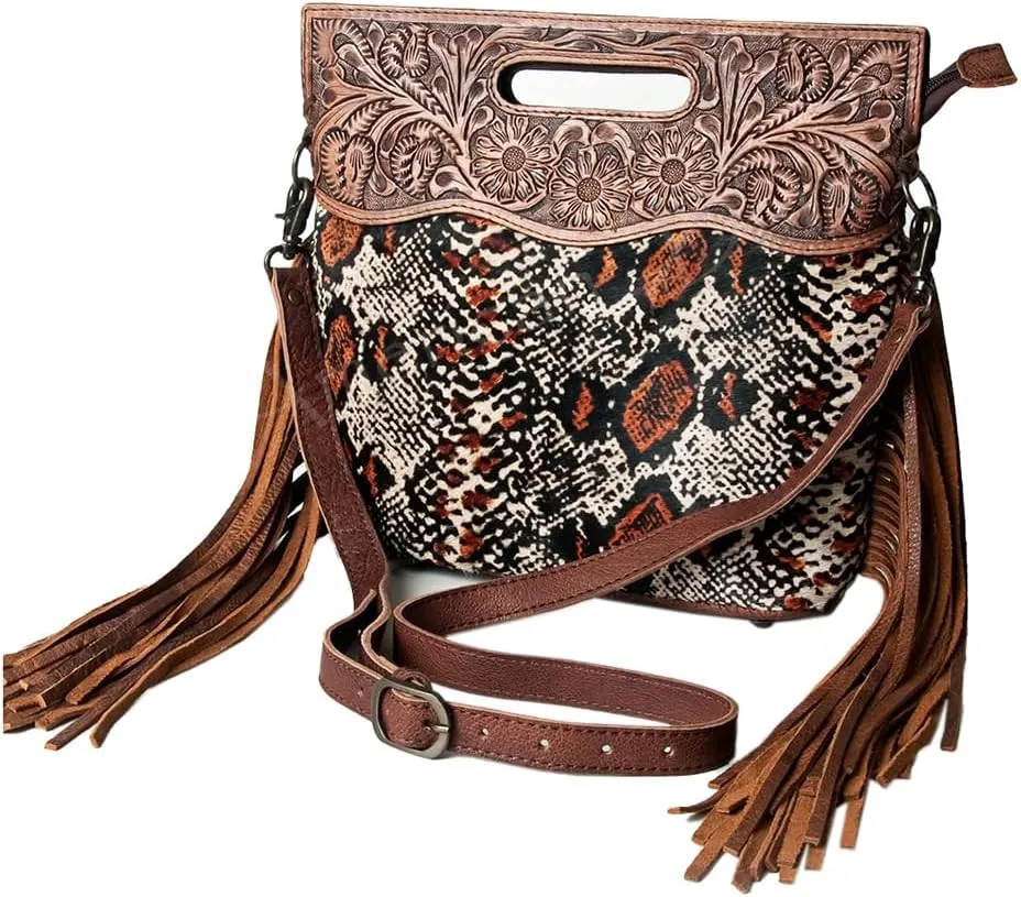 American Darling ADBGS146A Clutch Hand Tooled Hair On Genuine Leather Women Bag Western Handbag Purse