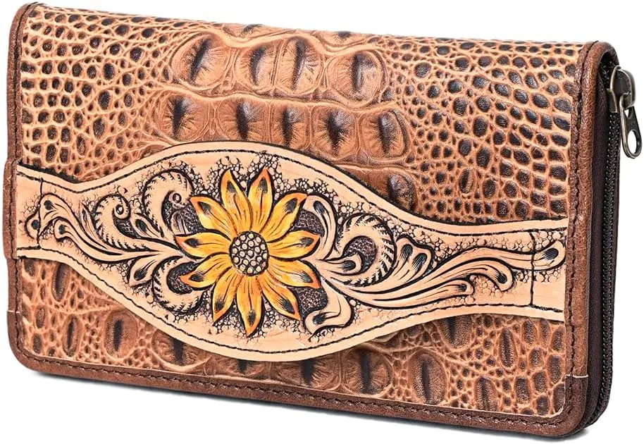 American Darling Wallet Hand Tooled Crocodile Embossed Genuine Leather Women Bag Western Handbag Purse