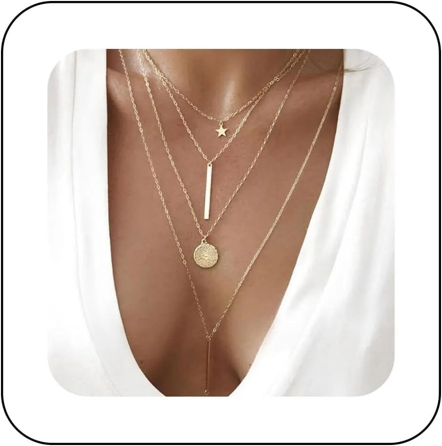 Andelaisi Boho Star Pendant Necklace Gold Coin Necklace Chain Layered Bar Chain Necklace Vintage Coin Disc Necklace Choker Jewelry for Women