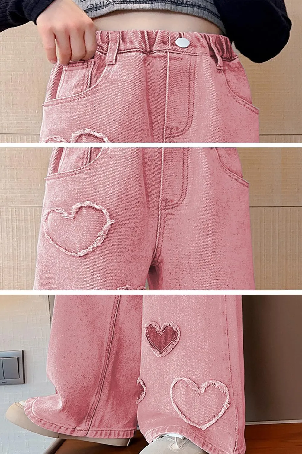 AOWKULAE Girls Jeans Elastic Waist Wide Leg Pants Kids Jeans 4-14 Years