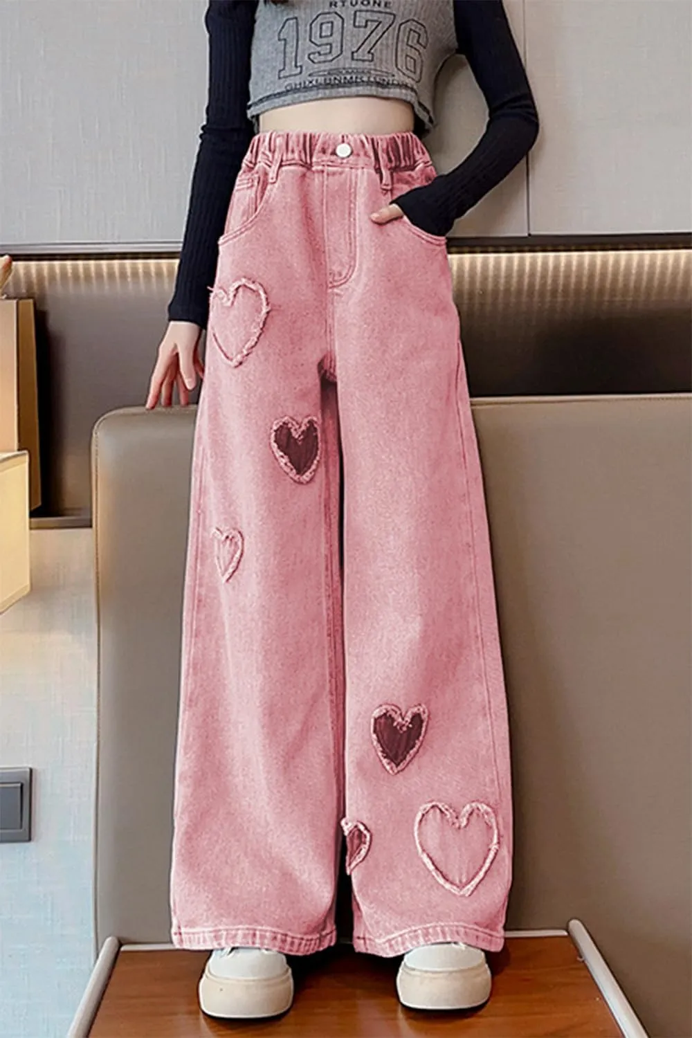 AOWKULAE Girls Jeans Elastic Waist Wide Leg Pants Kids Jeans 4-14 Years
