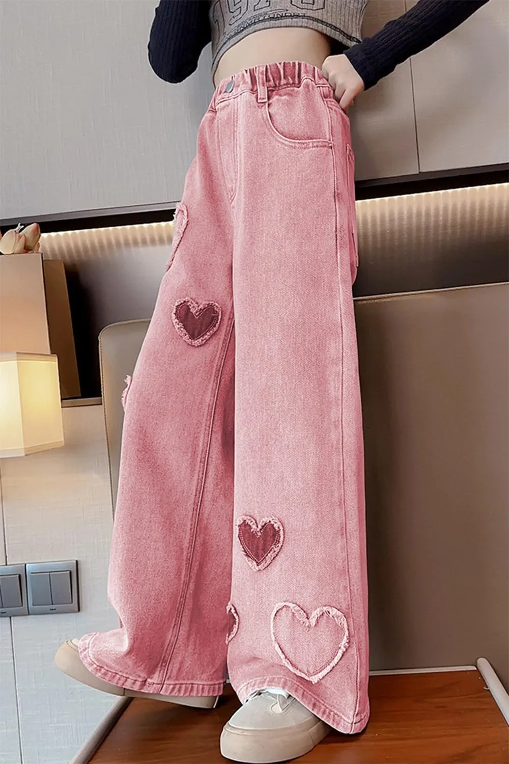 AOWKULAE Girls Jeans Elastic Waist Wide Leg Pants Kids Jeans 4-14 Years