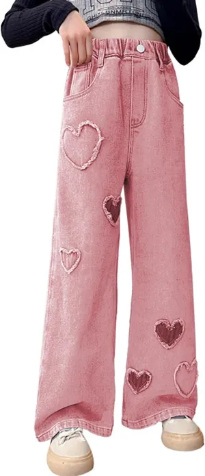 AOWKULAE Girls Jeans Elastic Waist Wide Leg Pants Kids Jeans 4-14 Years