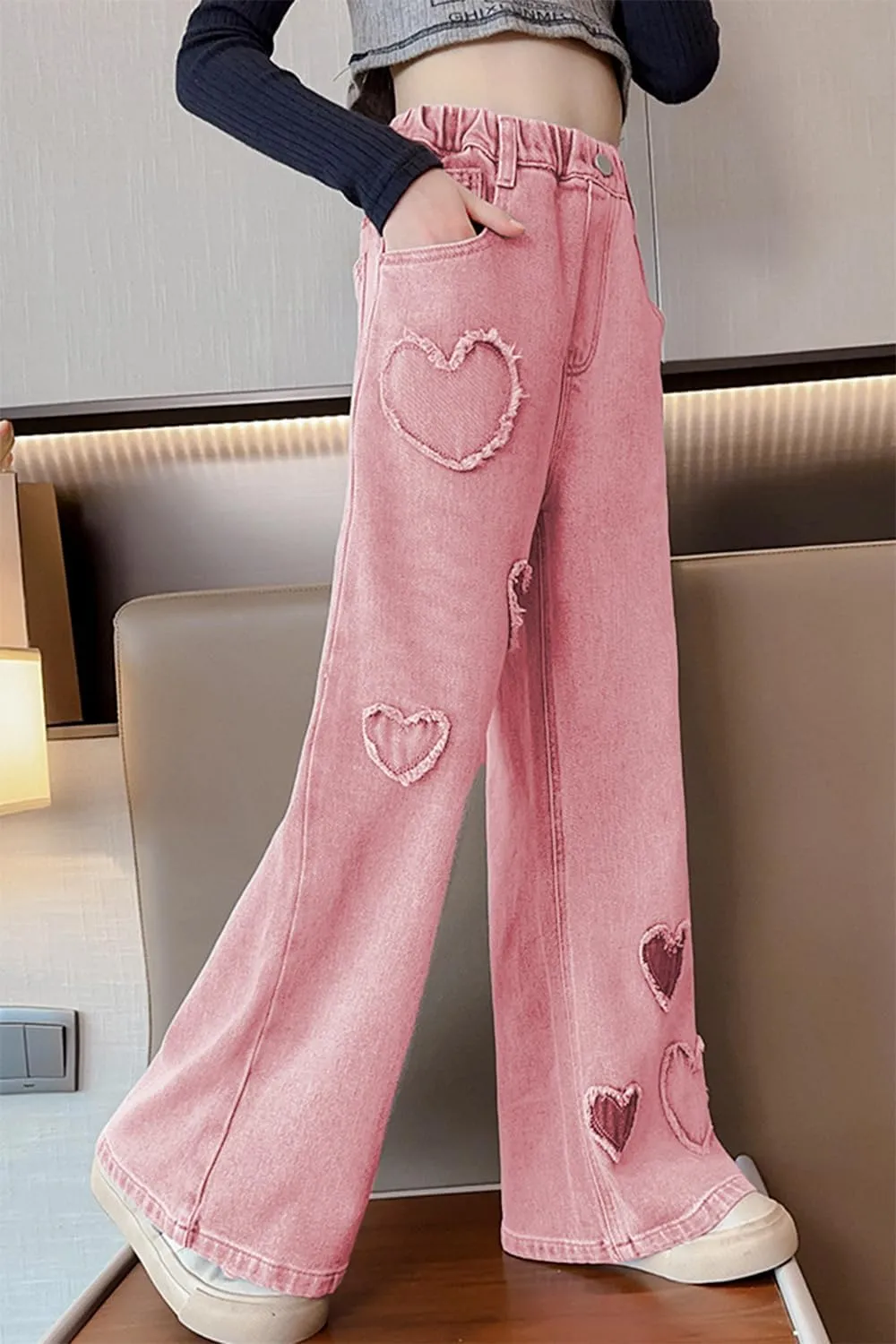 AOWKULAE Girls Jeans Elastic Waist Wide Leg Pants Kids Jeans 4-14 Years
