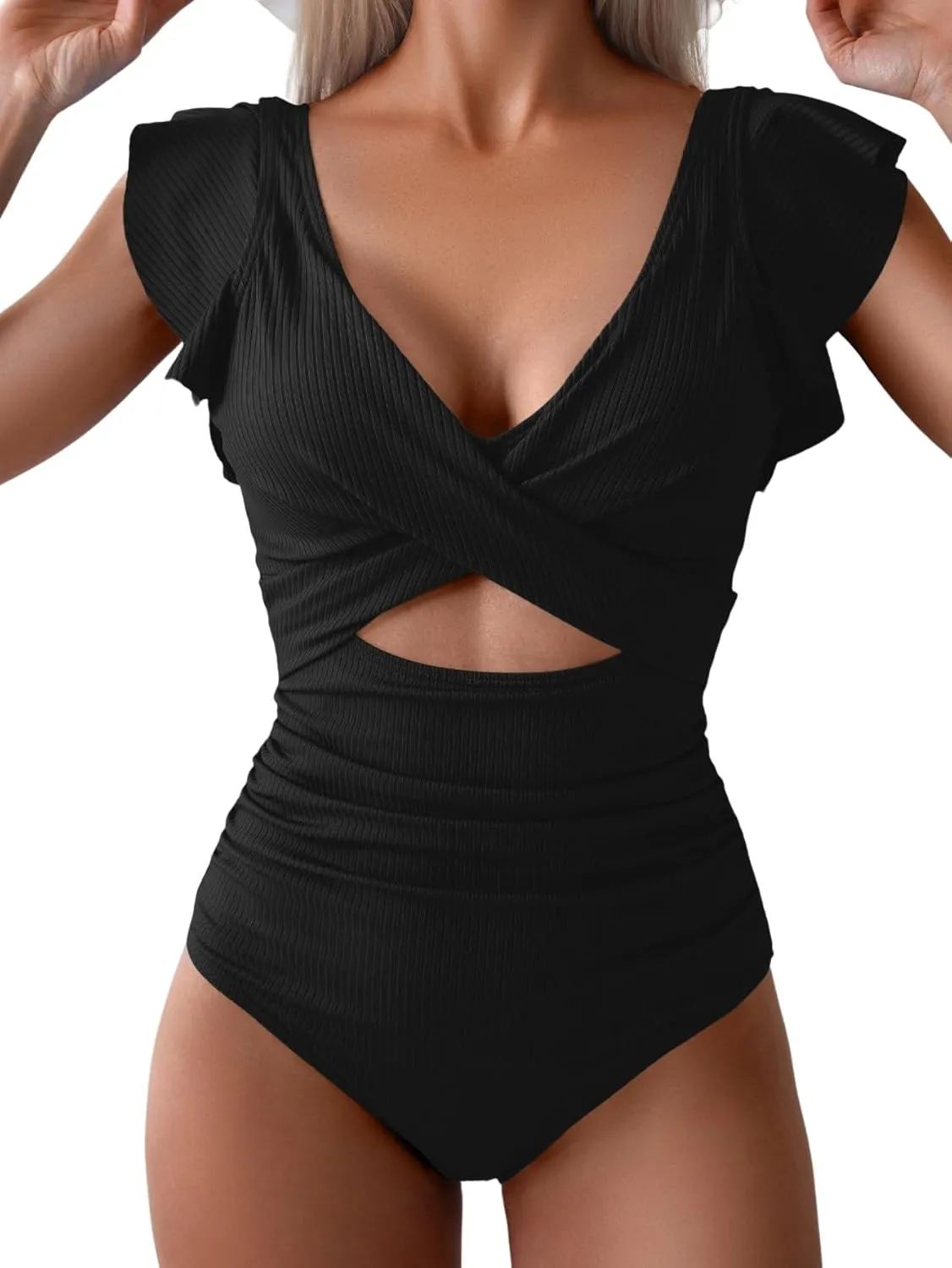 B2prity Women's One Piece Swimsuit Ruffle Cutout Bathing Suits Slimming Tummy Control V Neck Ribbed Wrap Swimwear