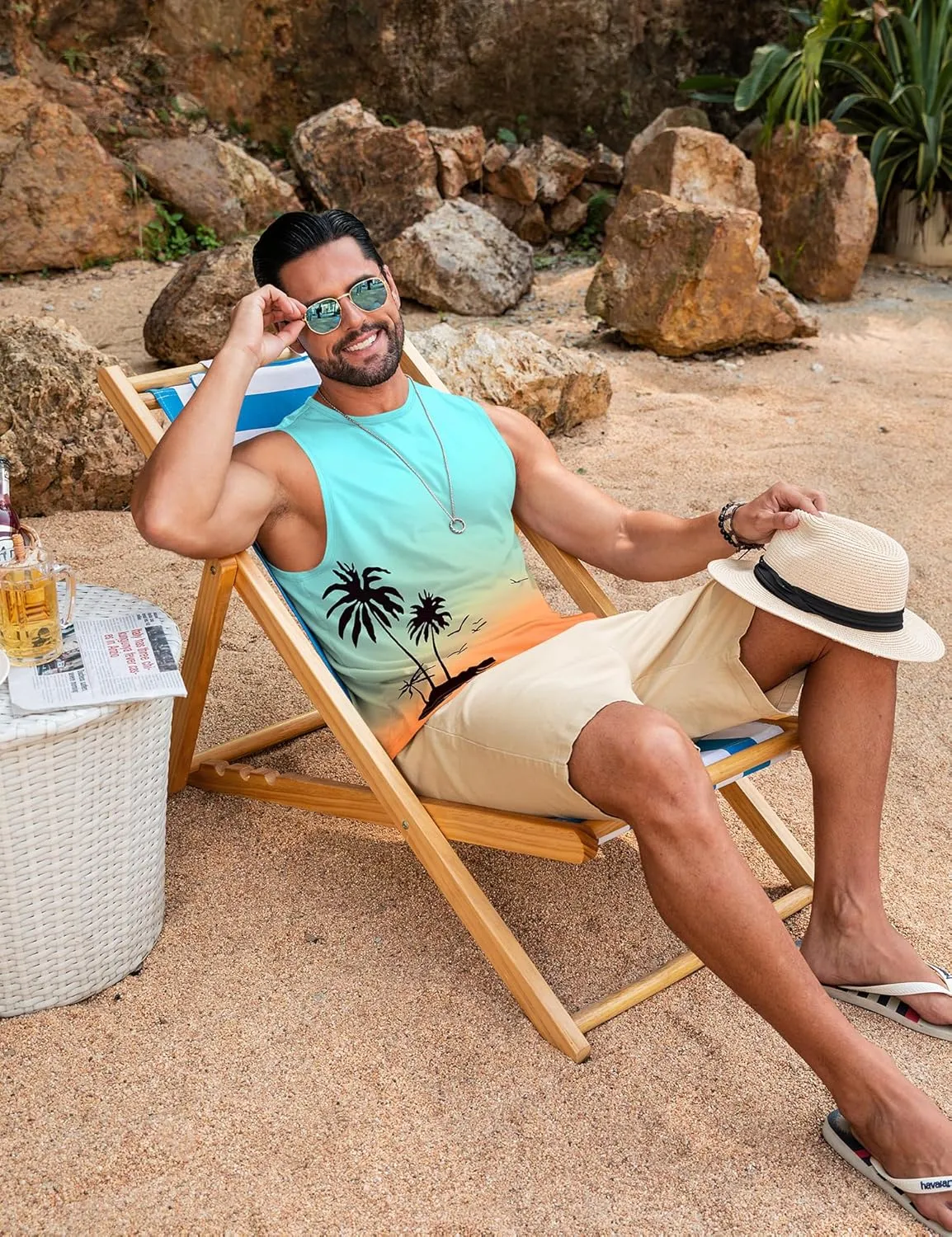 Babioboa Men's Hawaiian Tank Tops Tropical Funky Floral Beach Sleeveless Round Neck T-Shirt Breathable Aloha Tee Summer