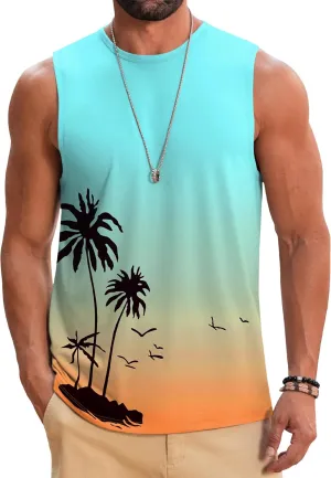 Babioboa Men's Hawaiian Tank Tops Tropical Funky Floral Beach Sleeveless Round Neck T-Shirt Breathable Aloha Tee Summer