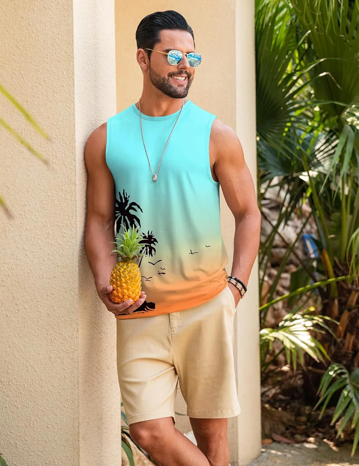 Babioboa Men's Hawaiian Tank Tops Tropical Funky Floral Beach Sleeveless Round Neck T-Shirt Breathable Aloha Tee Summer