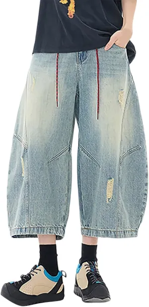 Baggy Jean Shorts for Men Casual Loose Fit Hip Hop Wide Leg Denim Shorts 2025 Trendy Streetwear