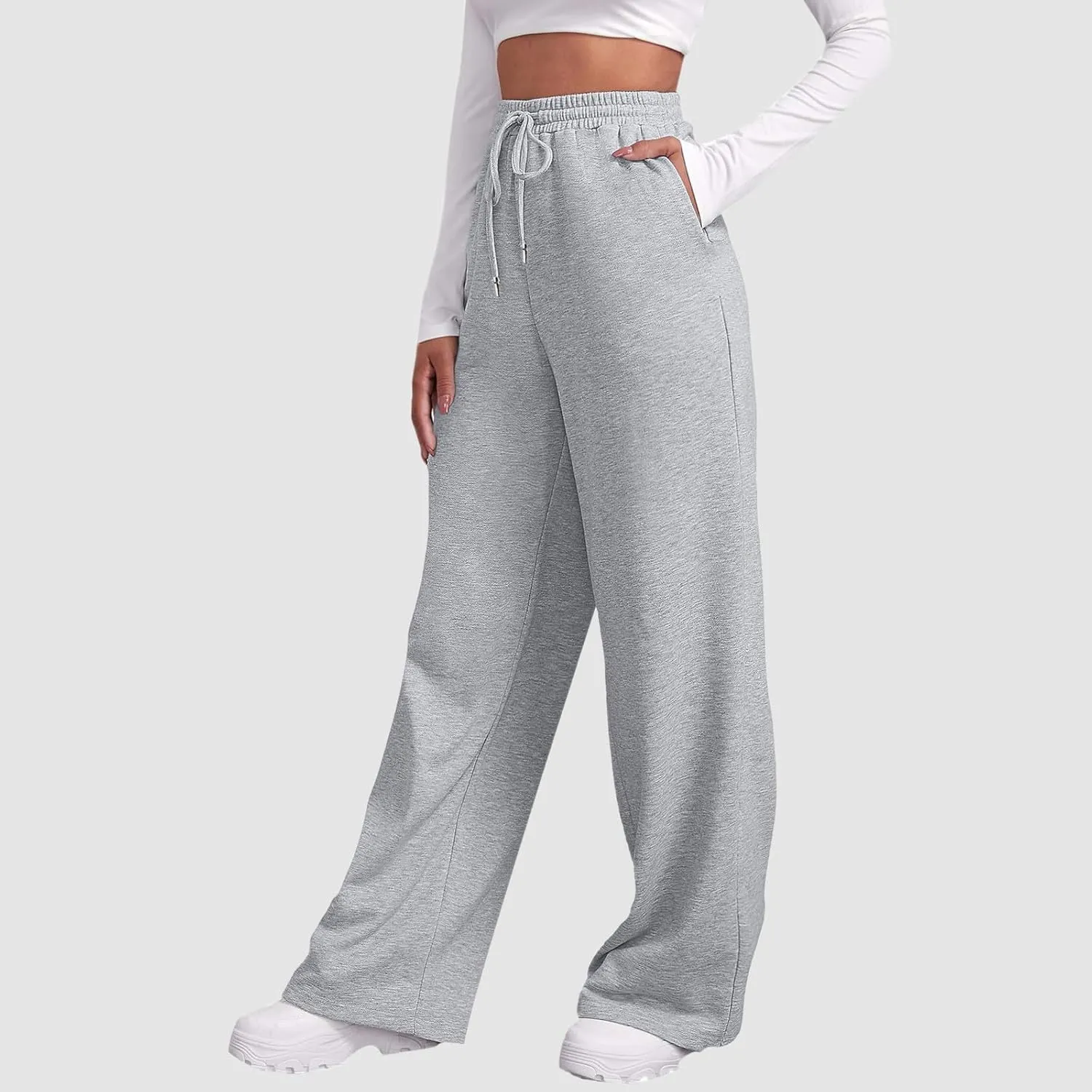 Baggy Sweatpants for Women Elastic High Waist Drawstring Straight Wide Leg Lounge Pants Open Bottom Athletic Joggers Trousers