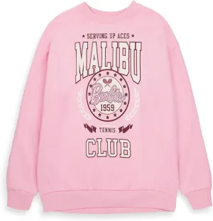 Barbie Womens Pink Sweatshirt Oversized| Ladies Malibu Tennis Club 1959 Long Sleeve Graphic Jumper |Sports Crest Vintage
