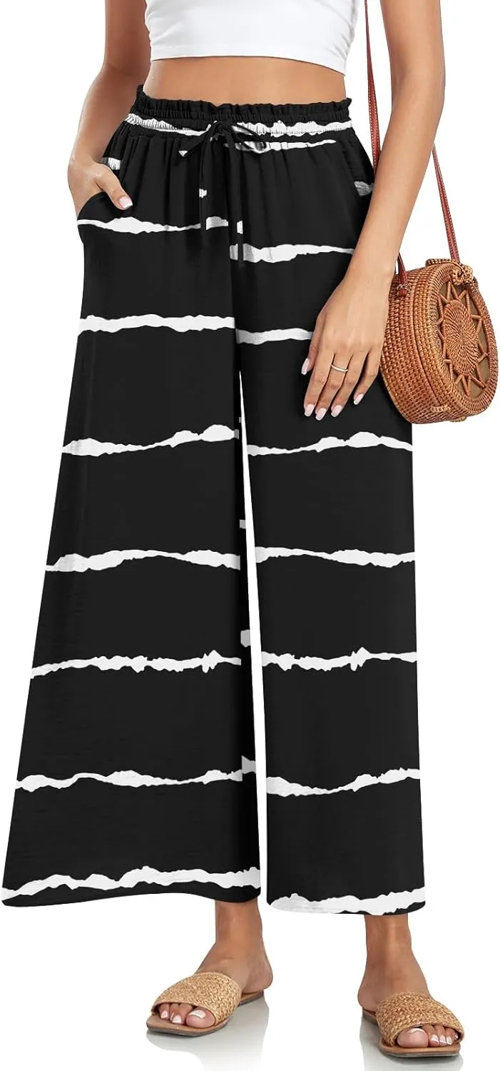 Bestbee Wide Leg Pants for Women Drawstring High Waist Palazzo Trouser Business Casual Slacks Lounge Outfits with Pockets