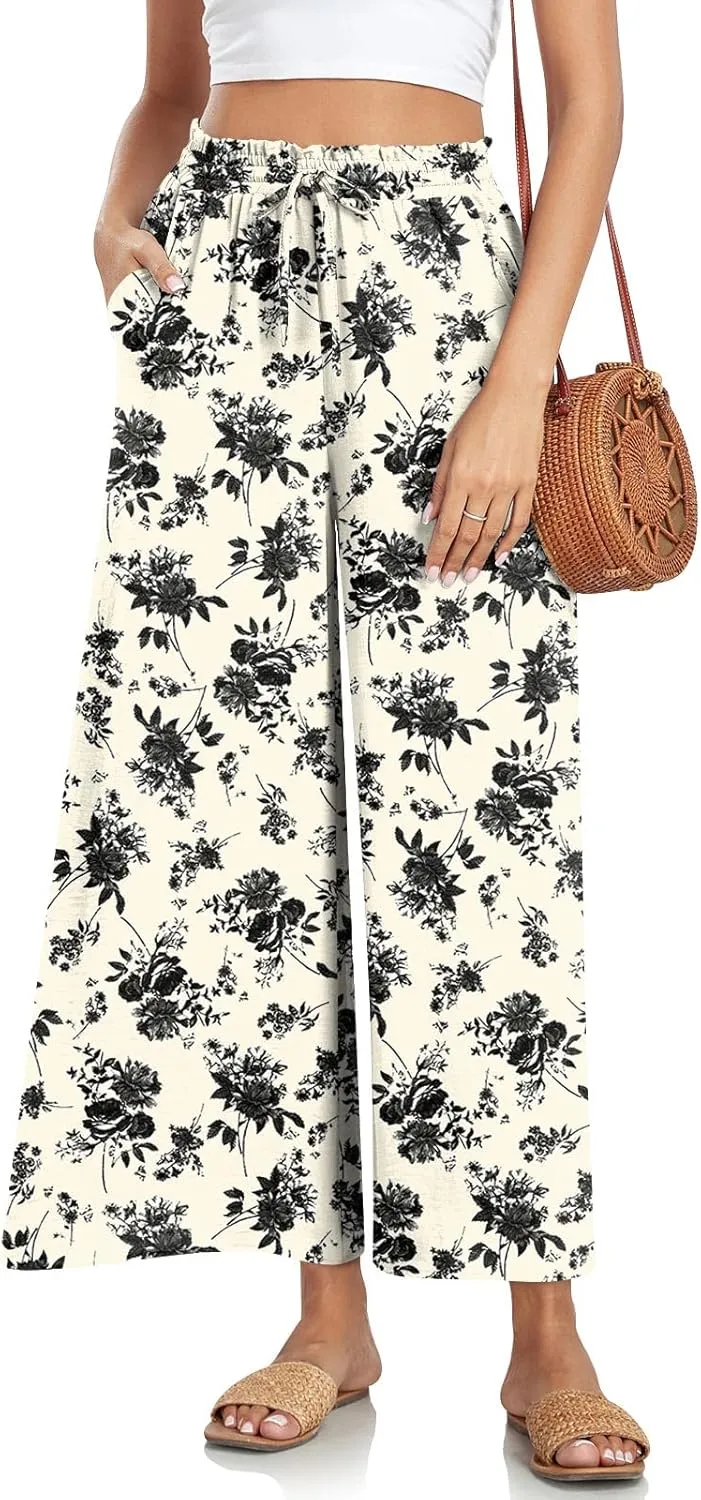 Bestbee Wide Leg Pants for Women Drawstring High Waist Palazzo Trouser Business Casual Slacks Lounge Outfits with Pockets