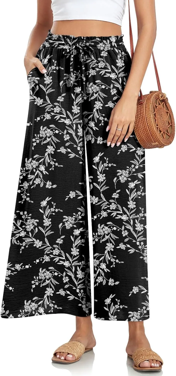 Bestbee Wide Leg Pants for Women Drawstring High Waist Palazzo Trouser Business Casual Slacks Lounge Outfits with Pockets
