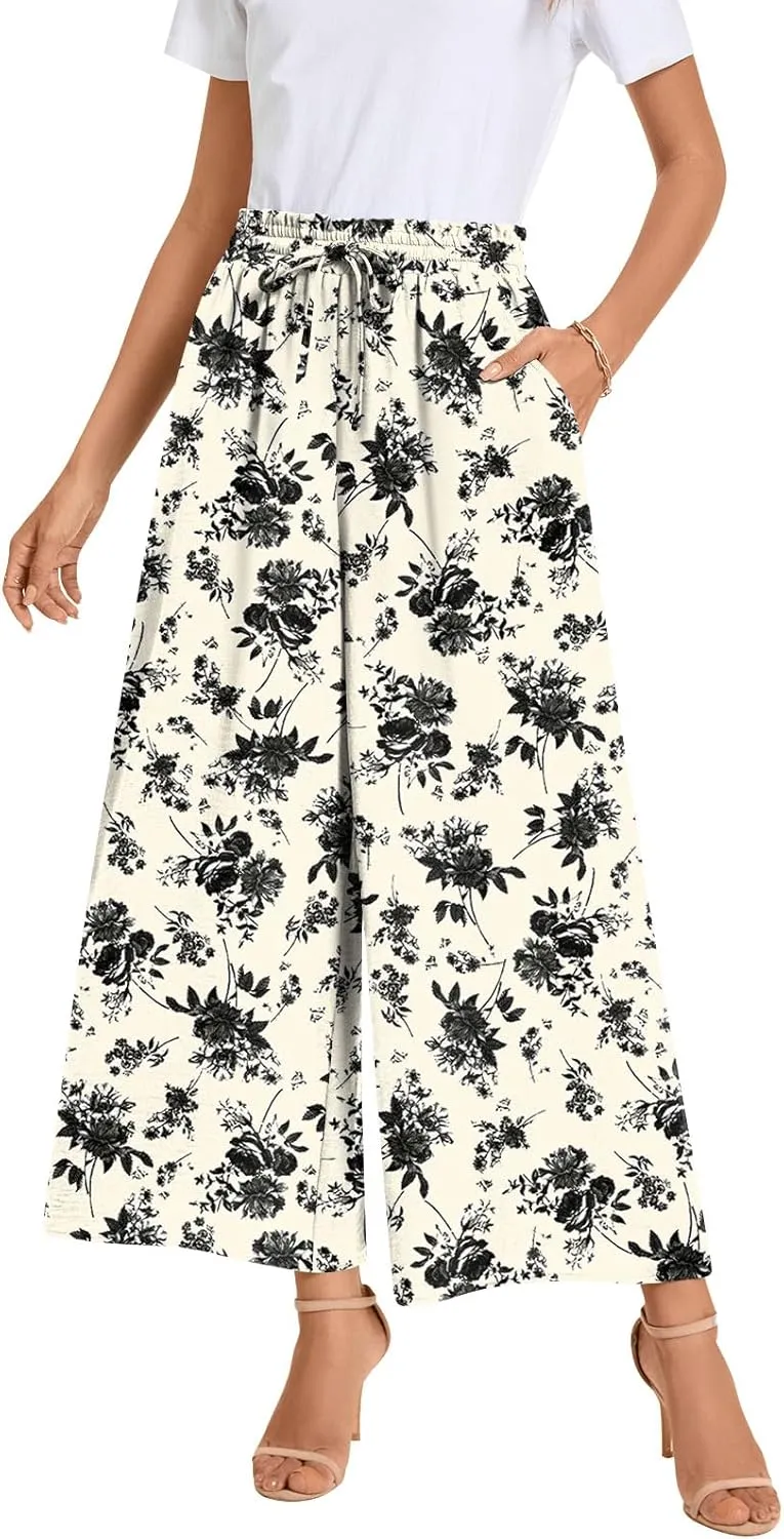 Bestbee Wide Leg Pants for Women Drawstring High Waist Palazzo Trouser Business Casual Slacks Lounge Outfits with Pockets