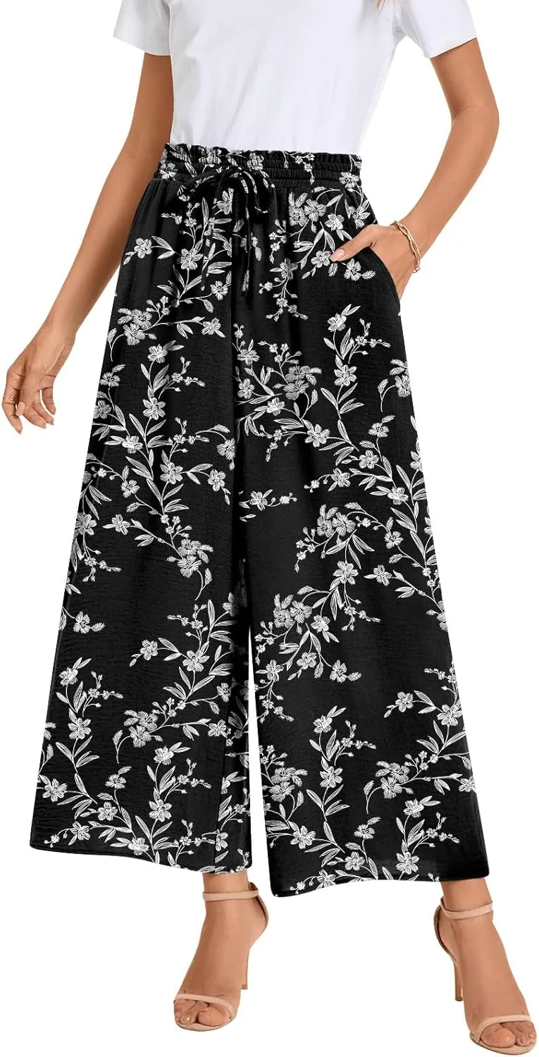 Bestbee Wide Leg Pants for Women Drawstring High Waist Palazzo Trouser Business Casual Slacks Lounge Outfits with Pockets