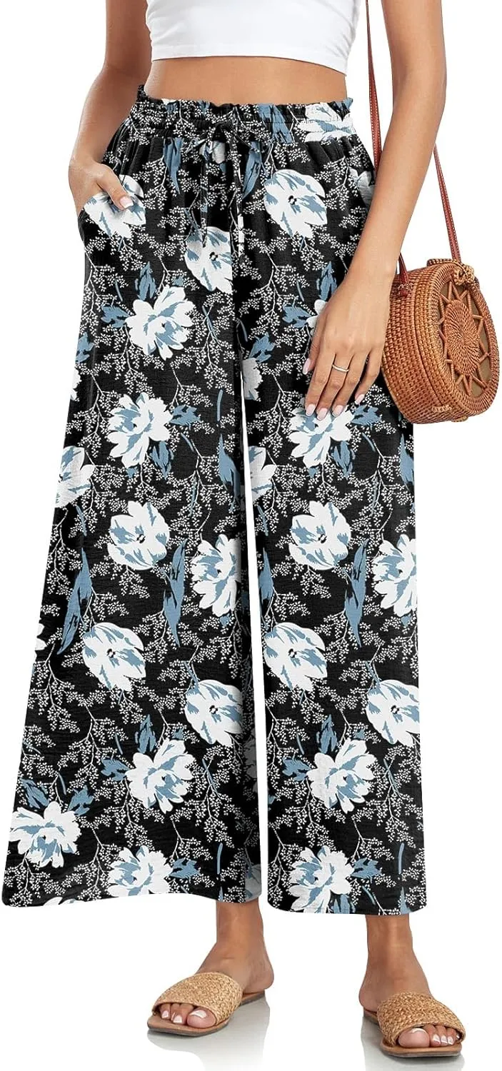 Bestbee Wide Leg Pants for Women Drawstring High Waist Palazzo Trouser Business Casual Slacks Lounge Outfits with Pockets