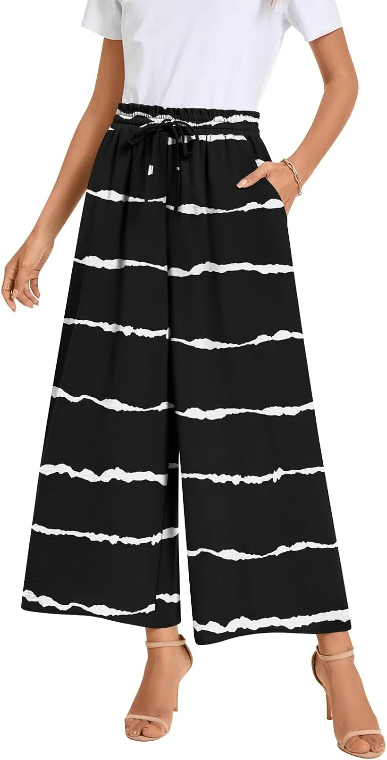Bestbee Wide Leg Pants for Women Drawstring High Waist Palazzo Trouser Business Casual Slacks Lounge Outfits with Pockets