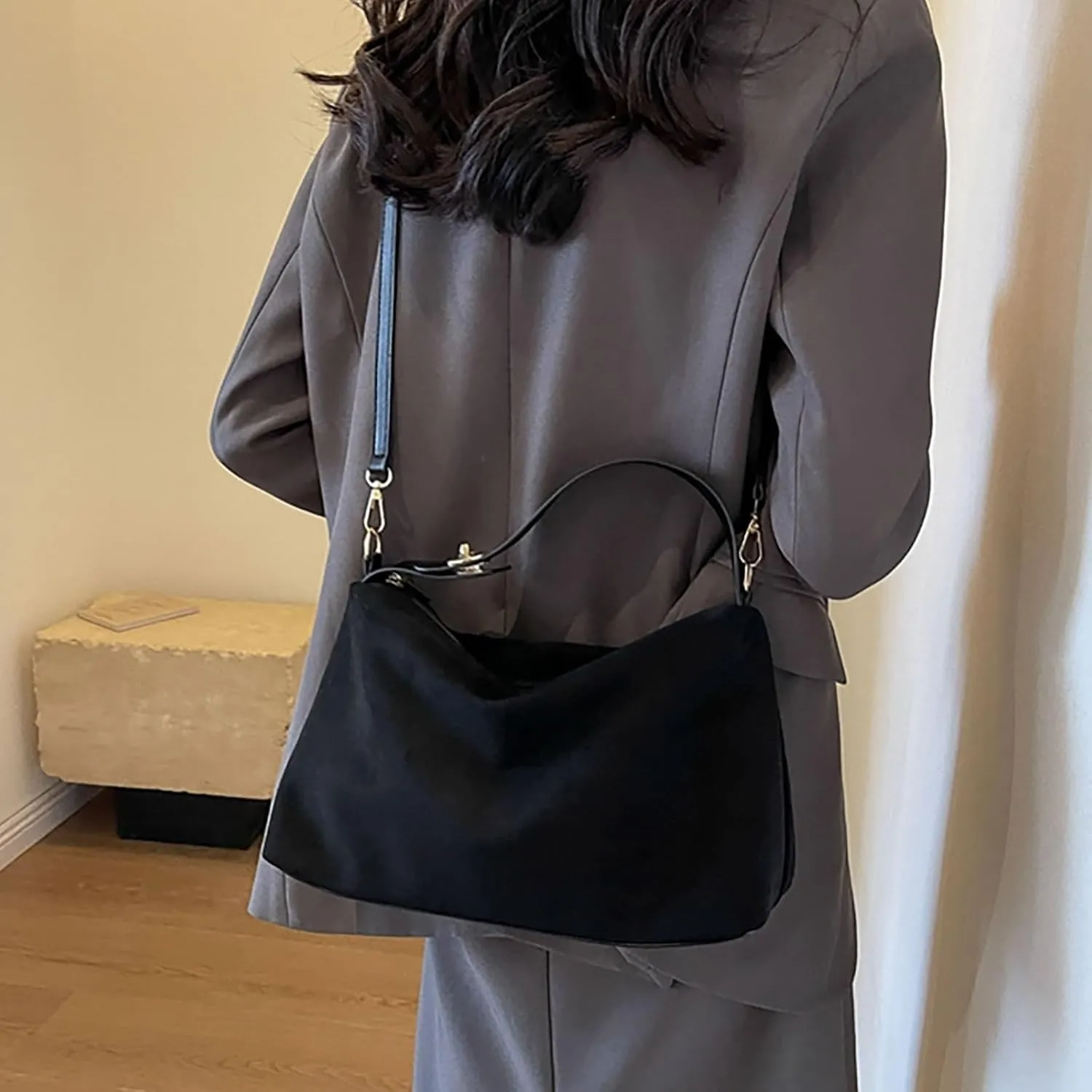 Black Clutch Purses for Women,Travel Must Haves for Women,Suede Shoulder Bags for Women Retro Fall Clutch Saddle Bag Small Tote Bag Satchels Work Purses Slouchy Crescent Handbag