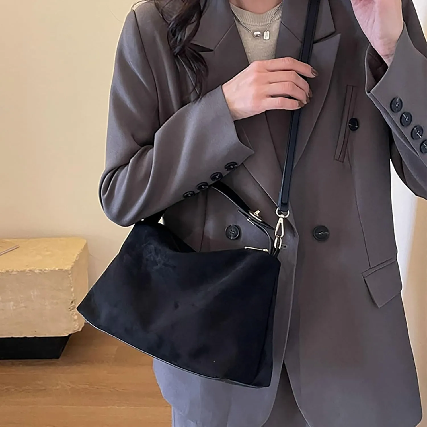 Black Clutch Purses for Women,Travel Must Haves for Women,Suede Shoulder Bags for Women Retro Fall Clutch Saddle Bag Small Tote Bag Satchels Work Purses Slouchy Crescent Handbag