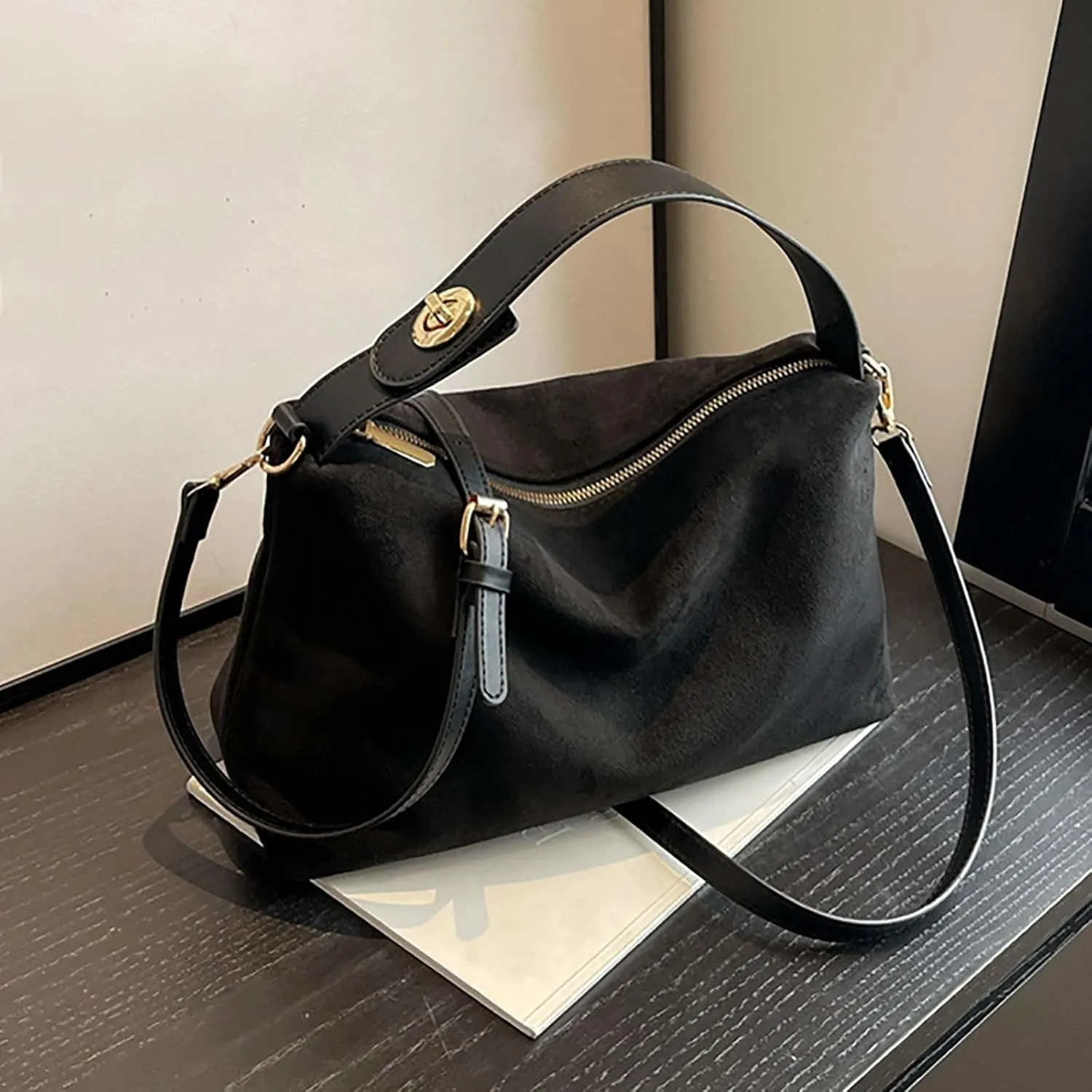 Black Clutch Purses for Women,Travel Must Haves for Women,Suede Shoulder Bags for Women Retro Fall Clutch Saddle Bag Small Tote Bag Satchels Work Purses Slouchy Crescent Handbag