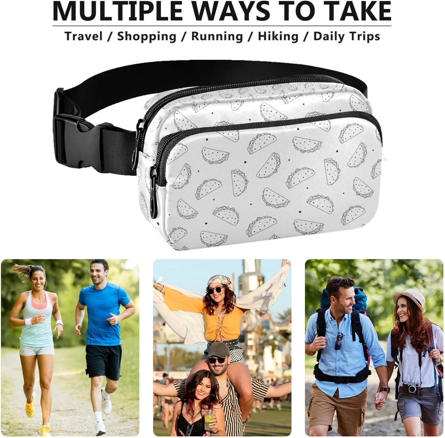 Black White Mexican Taco Waterproof Women Fanny Packs Belt Bag Hip Pack Funny Travel Waist Pack for Men