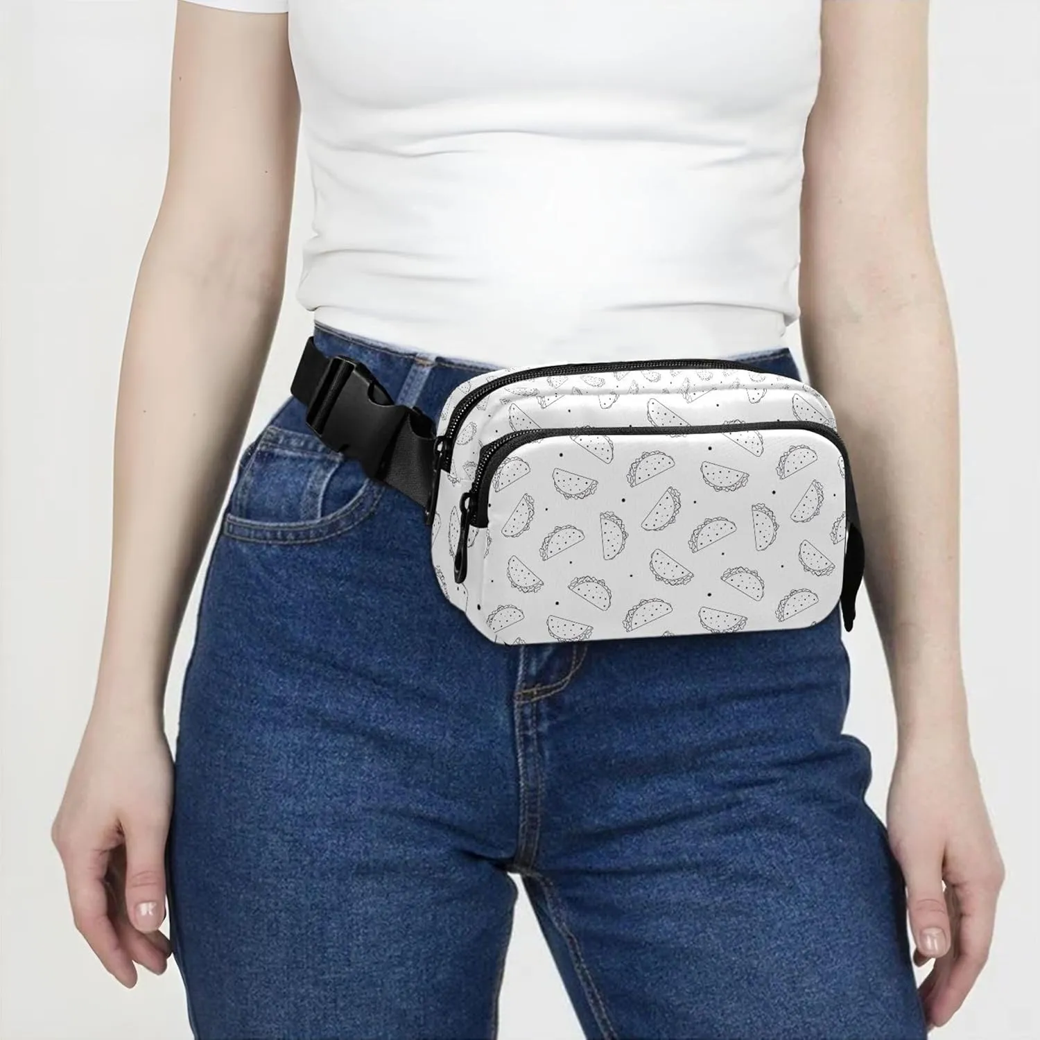 Black White Mexican Taco Waterproof Women Fanny Packs Belt Bag Hip Pack Funny Travel Waist Pack for Men