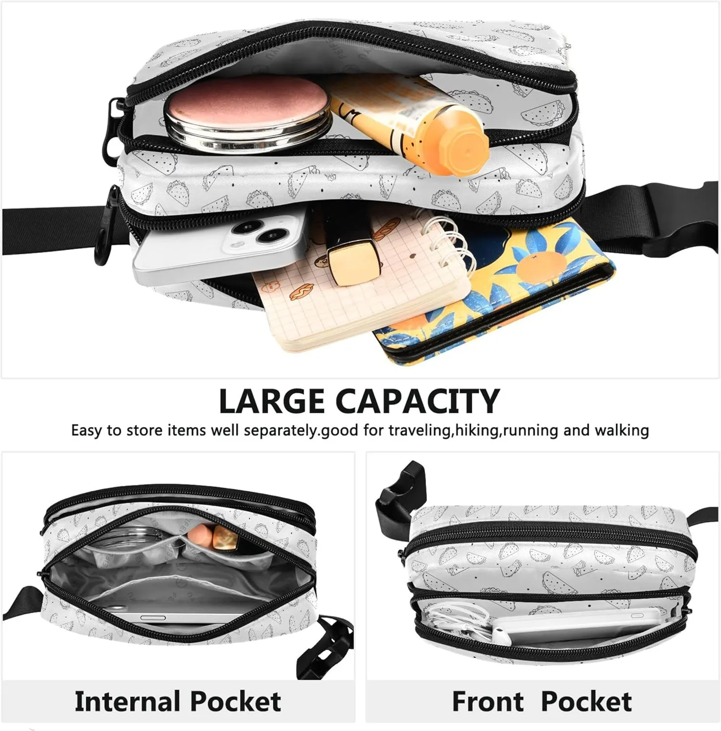 Black White Mexican Taco Waterproof Women Fanny Packs Belt Bag Hip Pack Funny Travel Waist Pack for Men