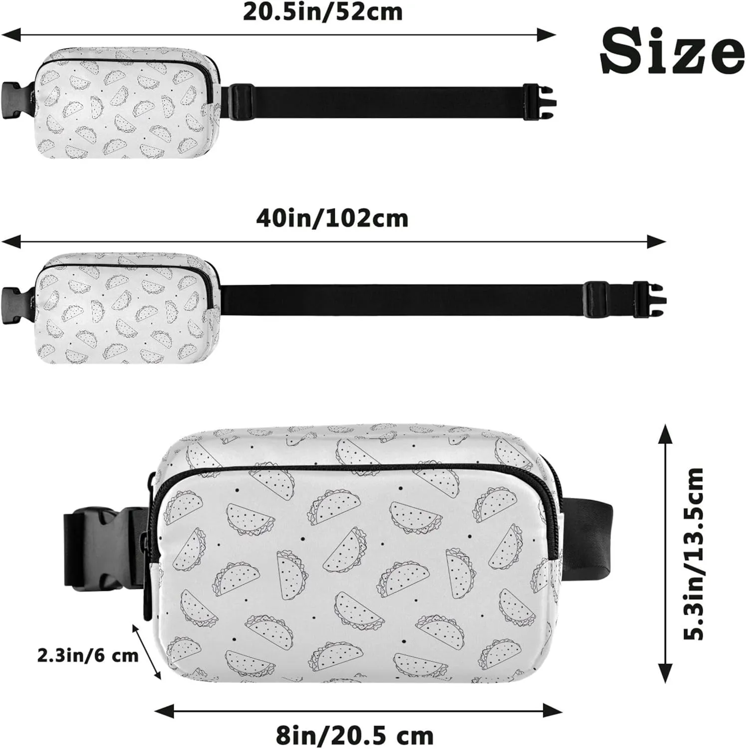 Black White Mexican Taco Waterproof Women Fanny Packs Belt Bag Hip Pack Funny Travel Waist Pack for Men