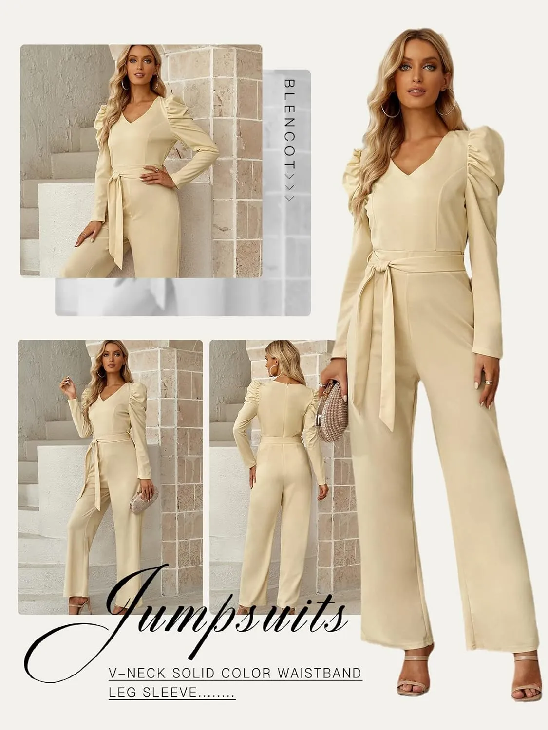 BLENCOT Jumpsuit Long Sleeve Casual V Neck Belted Wide Leg Formal Rompers Jumpsuit