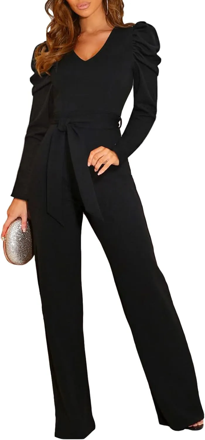 BLENCOT Jumpsuit Long Sleeve Casual V Neck Belted Wide Leg Formal Rompers Jumpsuit