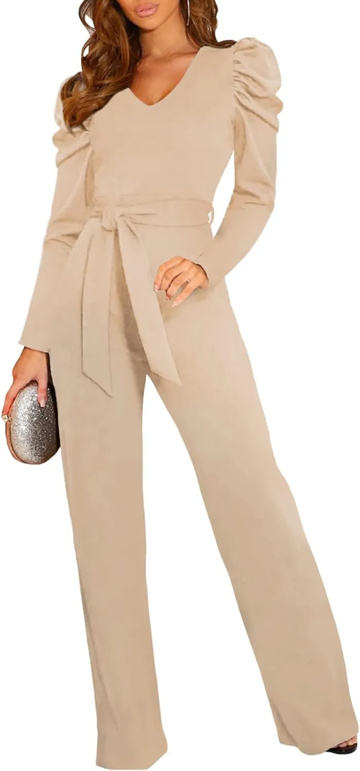 BLENCOT Jumpsuit Long Sleeve Casual V Neck Belted Wide Leg Formal Rompers Jumpsuit