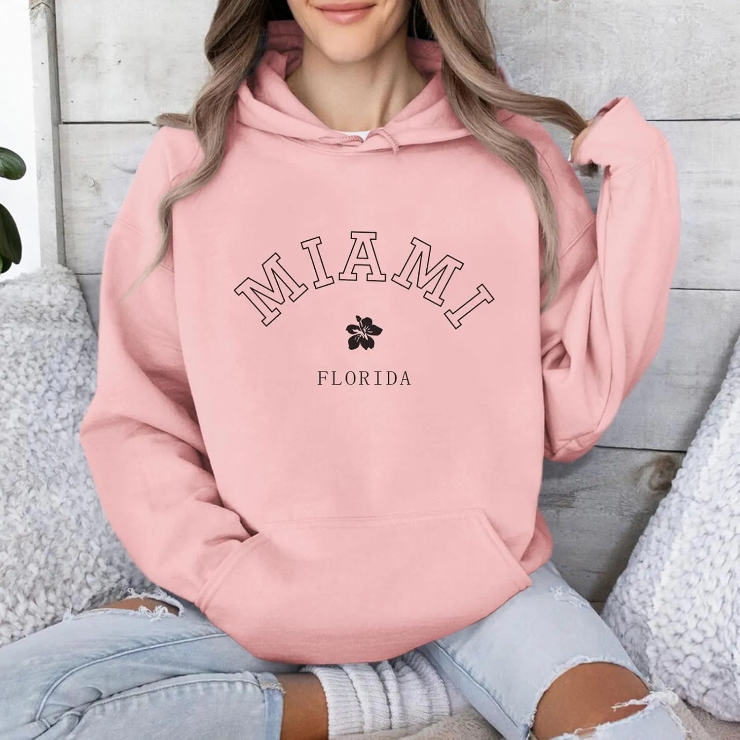 Bobeutou Oversized Letter Graphic Print Hoodies for Women Miami Florida Sweatshirt Preppy Trendy Fleece Pocket Pullover Top