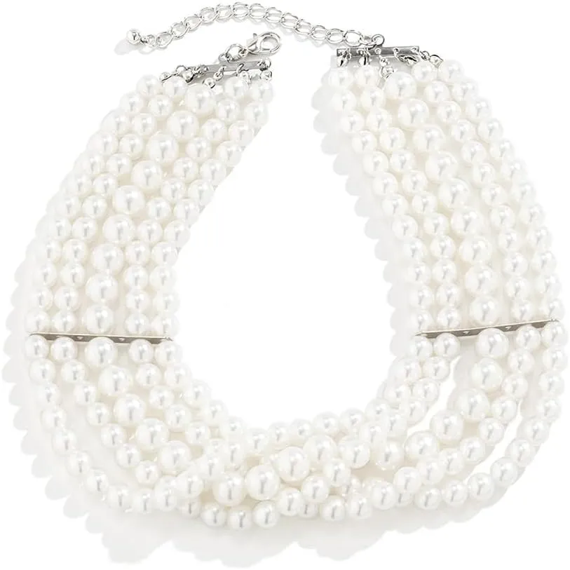 Boho Simple Pearl Gold Silver Shiny Punk Bar Choker Necklaces Dainty Rhinestones Pearls Halloween Choker Necklace Chain Multilayer Choker Necklaces Prom Party Bar for Women (Silver 1)