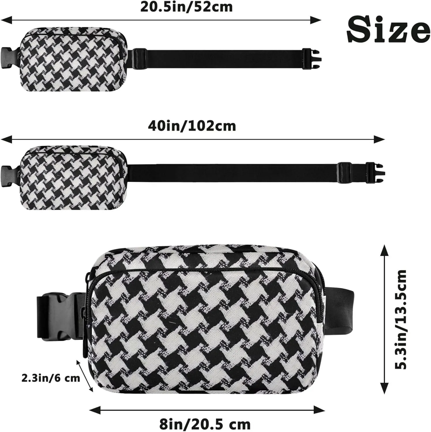 Bold Houndstooth Black White Womens Fanny Pack Hip Bag Belt Purse Waterproof Bright Colored Crossbody Waist Bag