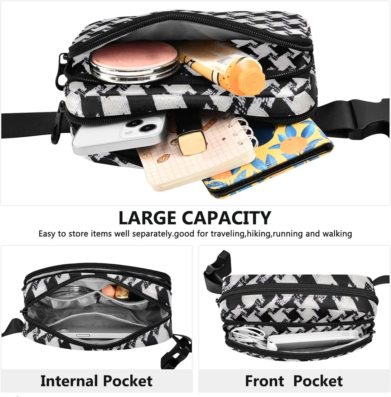 Bold Houndstooth Black White Womens Fanny Pack Hip Bag Belt Purse Waterproof Bright Colored Crossbody Waist Bag