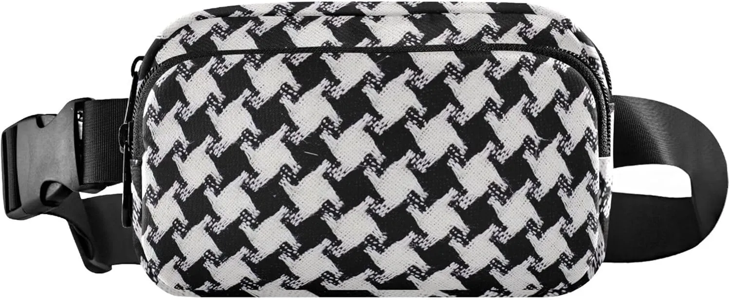 Bold Houndstooth Black White Womens Fanny Pack Hip Bag Belt Purse Waterproof Bright Colored Crossbody Waist Bag