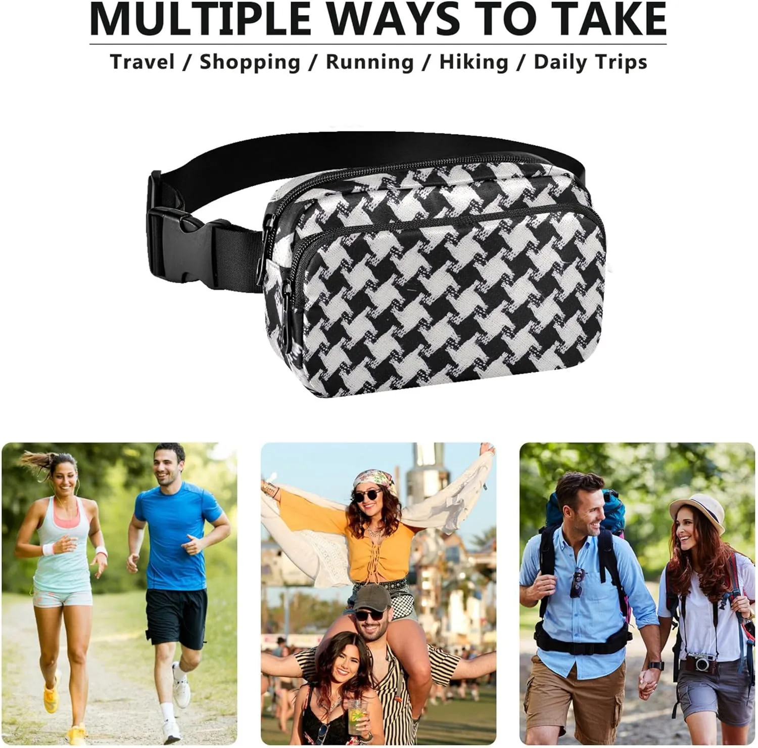 Bold Houndstooth Black White Womens Fanny Pack Hip Bag Belt Purse Waterproof Bright Colored Crossbody Waist Bag