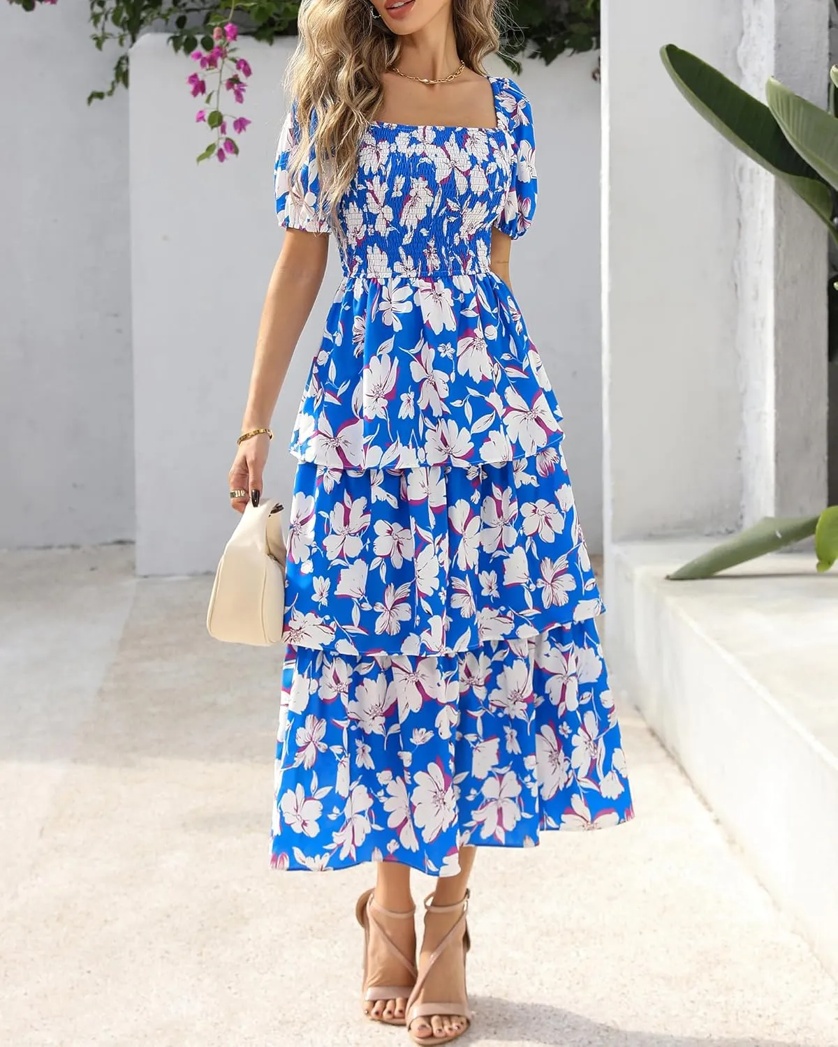 BTFBM Womens Square Neck Smocked Dress Summer Puff Short Sleeve Floral Casual Ruffle Tiered Maxi Wedding Guest Dresses