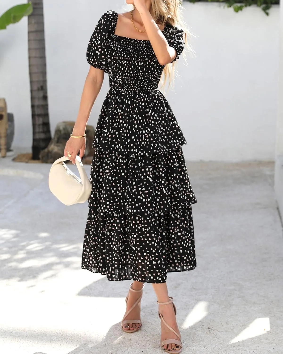 BTFBM Womens Square Neck Smocked Dress Summer Puff Short Sleeve Floral Casual Ruffle Tiered Maxi Wedding Guest Dresses