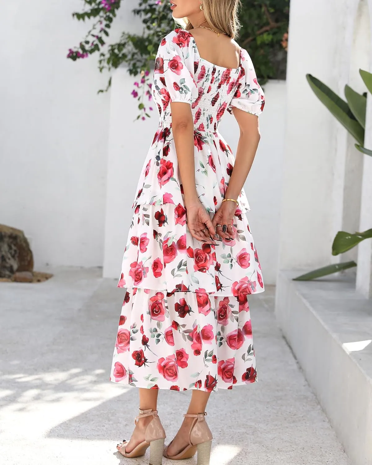 BTFBM Womens Square Neck Smocked Dress Summer Puff Short Sleeve Floral Casual Ruffle Tiered Maxi Wedding Guest Dresses
