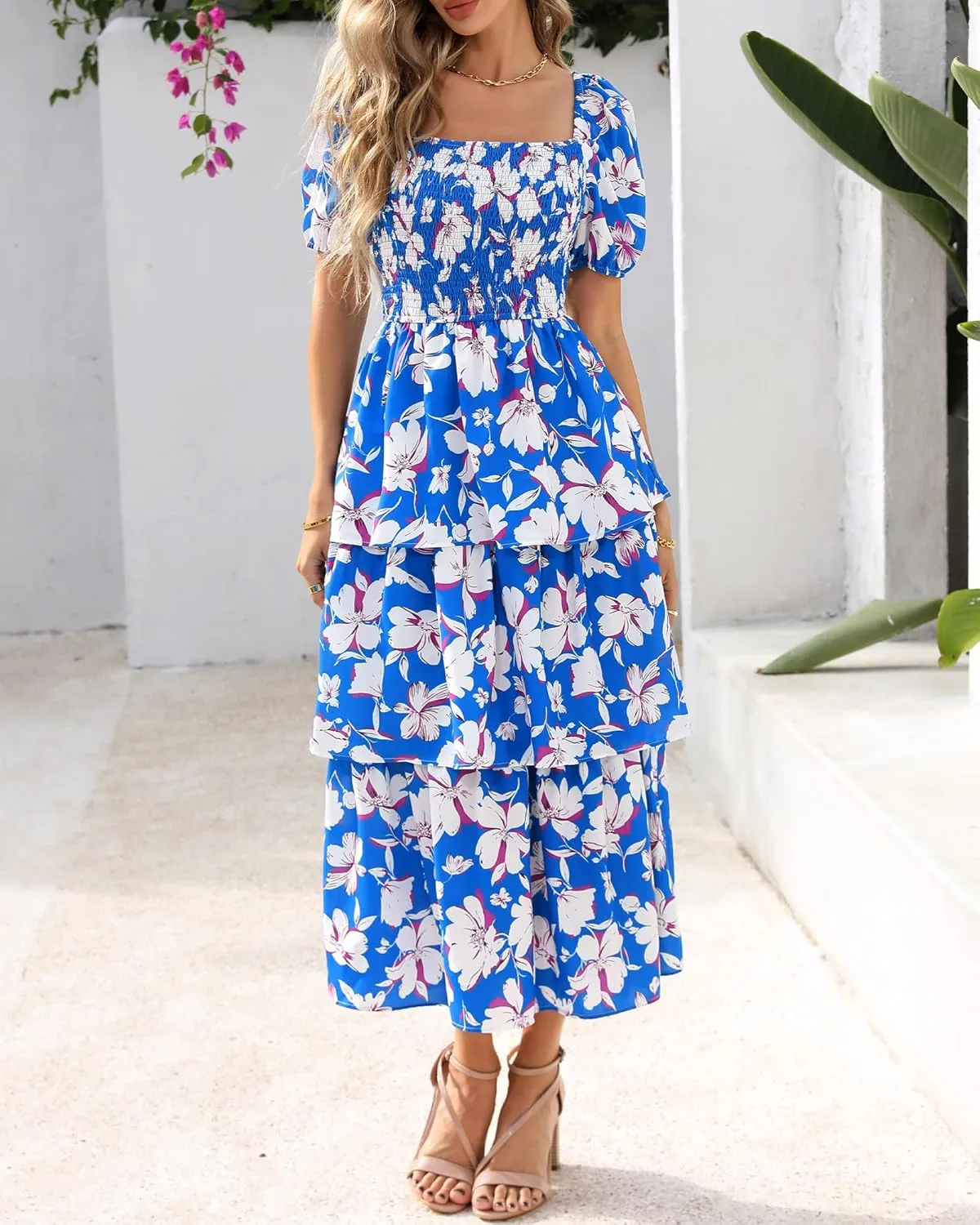 BTFBM Womens Square Neck Smocked Dress Summer Puff Short Sleeve Floral Casual Ruffle Tiered Maxi Wedding Guest Dresses