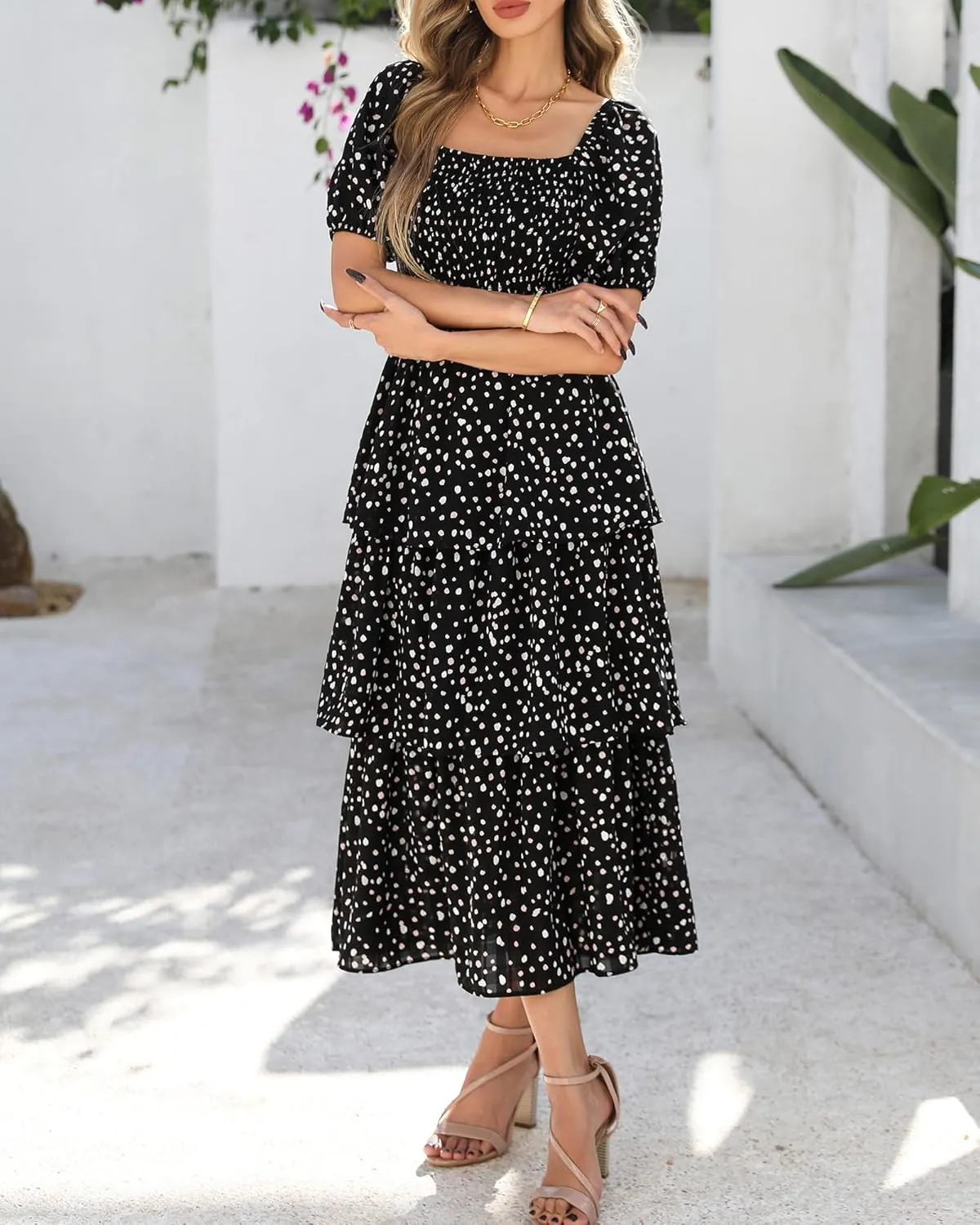 BTFBM Womens Square Neck Smocked Dress Summer Puff Short Sleeve Floral Casual Ruffle Tiered Maxi Wedding Guest Dresses