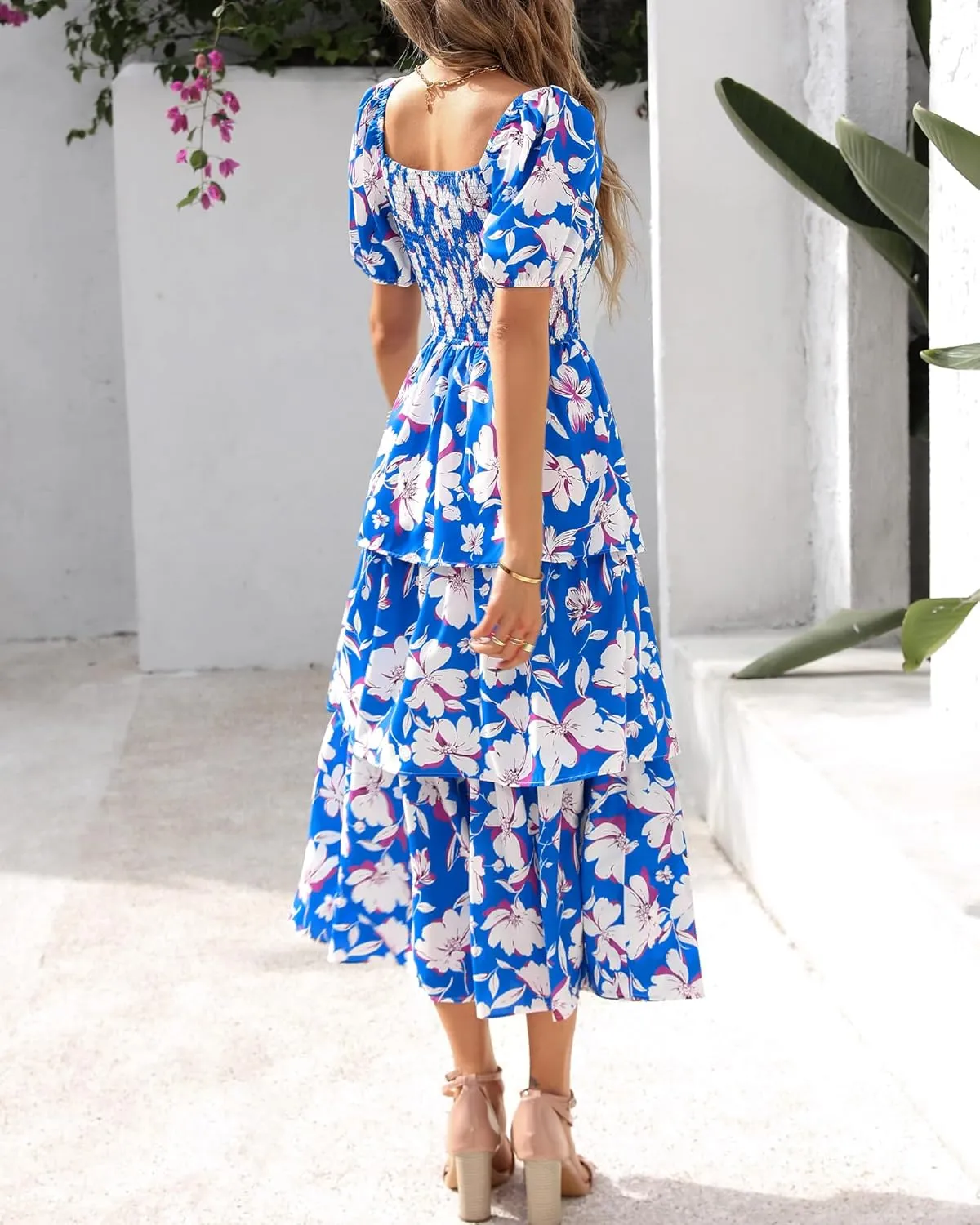 BTFBM Womens Square Neck Smocked Dress Summer Puff Short Sleeve Floral Casual Ruffle Tiered Maxi Wedding Guest Dresses