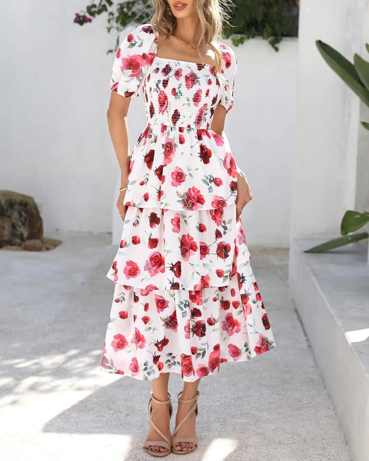 BTFBM Womens Square Neck Smocked Dress Summer Puff Short Sleeve Floral Casual Ruffle Tiered Maxi Wedding Guest Dresses
