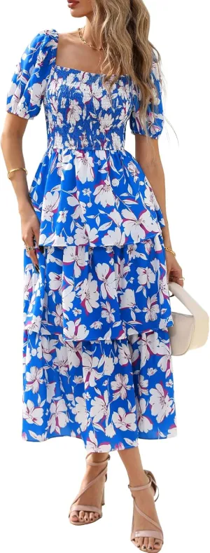BTFBM Womens Square Neck Smocked Dress Summer Puff Short Sleeve Floral Casual Ruffle Tiered Maxi Wedding Guest Dresses
