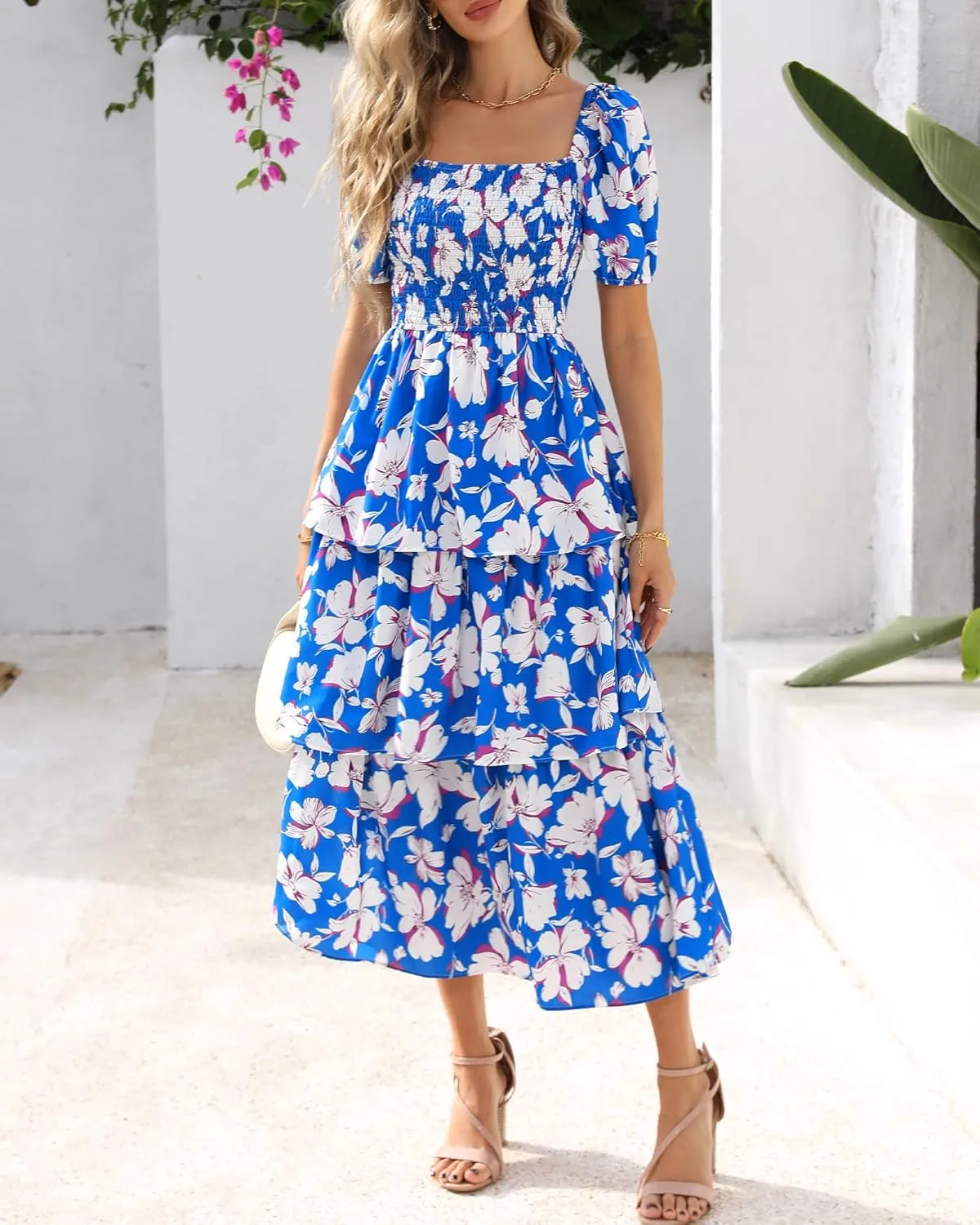 BTFBM Womens Square Neck Smocked Dress Summer Puff Short Sleeve Floral Casual Ruffle Tiered Maxi Wedding Guest Dresses