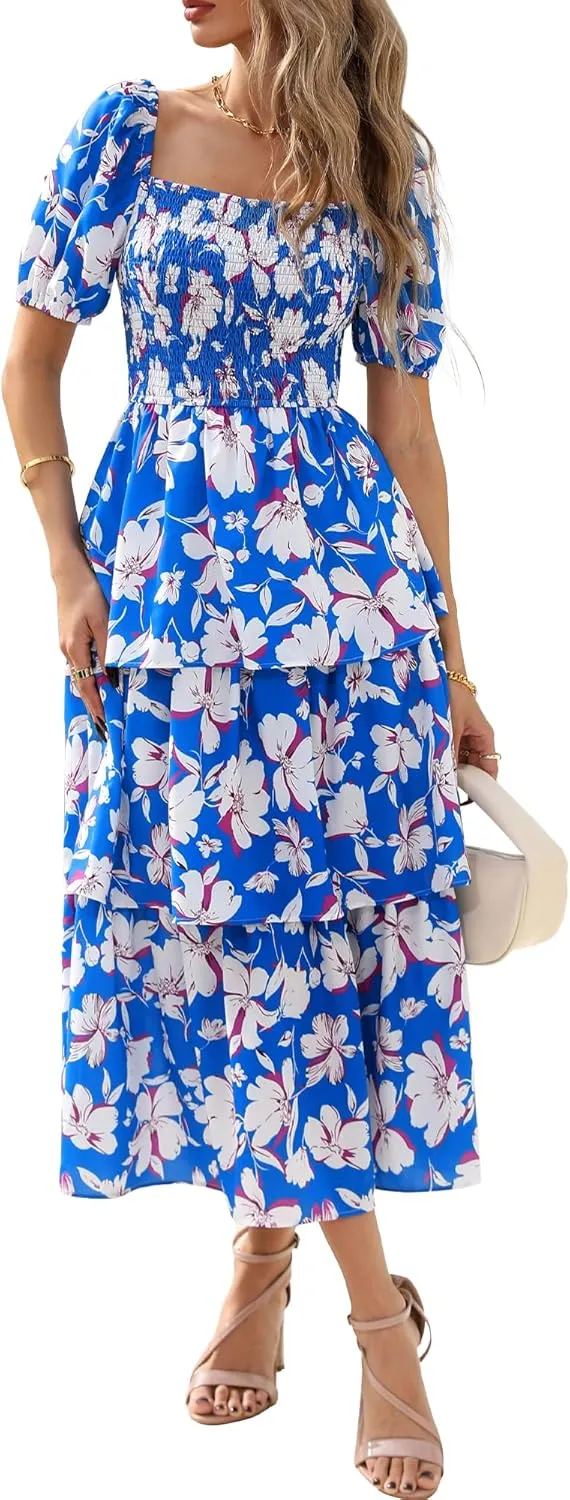 BTFBM Womens Square Neck Smocked Dress Summer Puff Short Sleeve Floral Casual Ruffle Tiered Maxi Wedding Guest Dresses